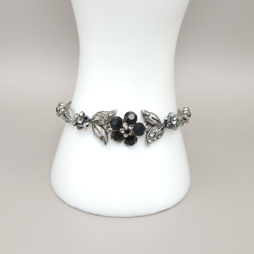 Vintage 1950s Marcasite Style Rhinestone Flower Necklace Bracelet Set Black Gray - Picture 3 of 16
